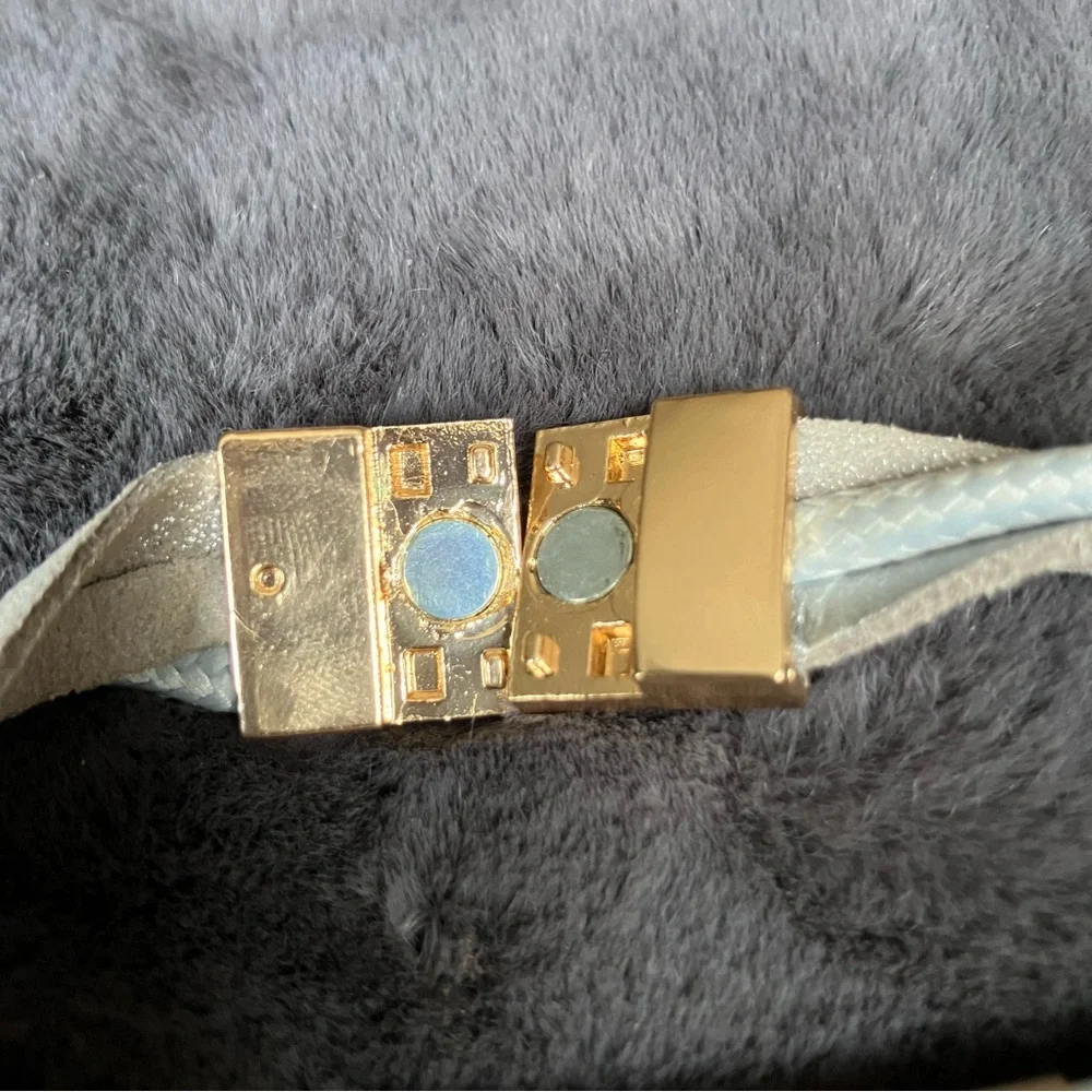 He Is Love Gold‎ & Silver Charms on Gray Layered Leather Bracelet Magnetic Clasp